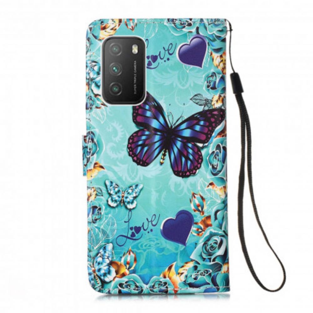 Leren Hoesje voor Poco M3 Met Ketting Liefde Vlinders Strappy