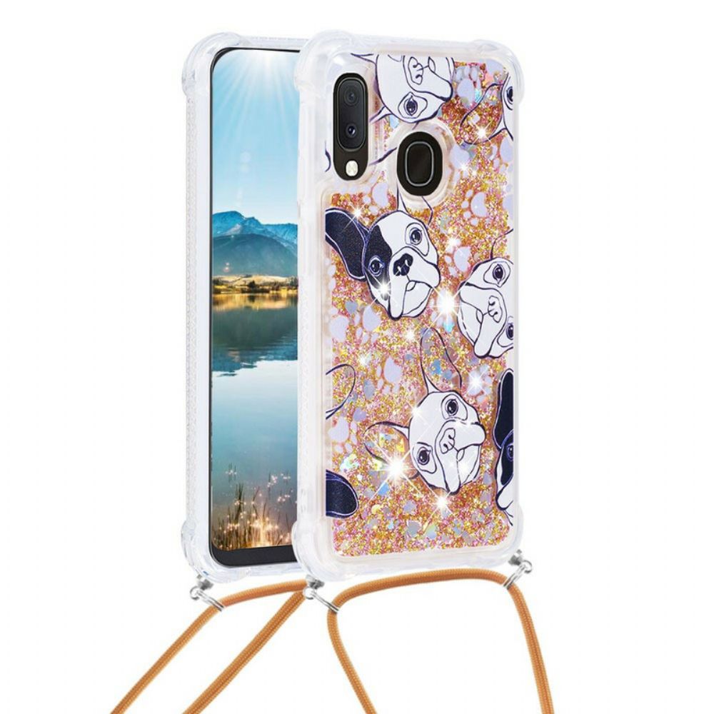 Hoesje voor Samsung Galaxy A20e Met Koord Honden Pailletten Koord