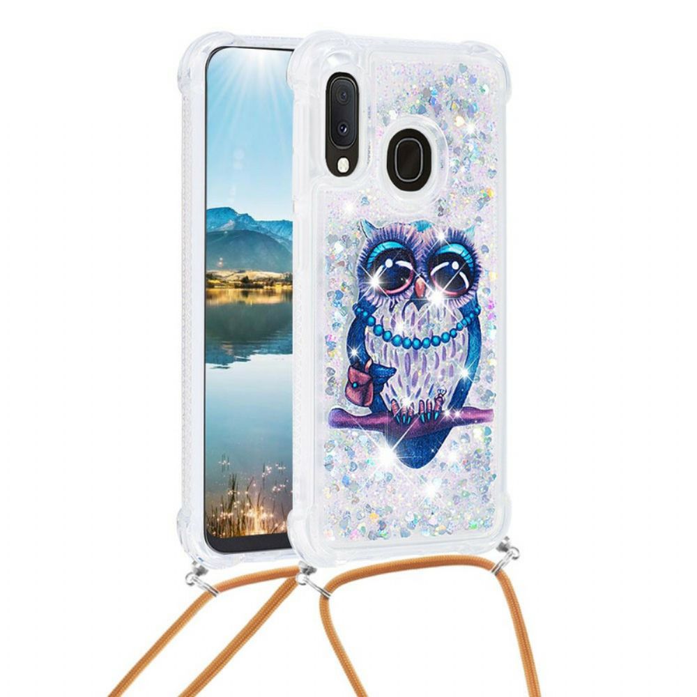 Hoesje voor Samsung Galaxy A20e Met Koord Miss Uil Glitter Trekkoord