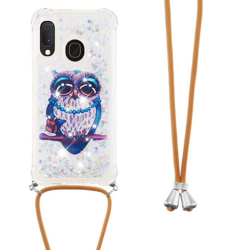 Hoesje voor Samsung Galaxy A20e Met Koord Miss Uil Glitter Trekkoord