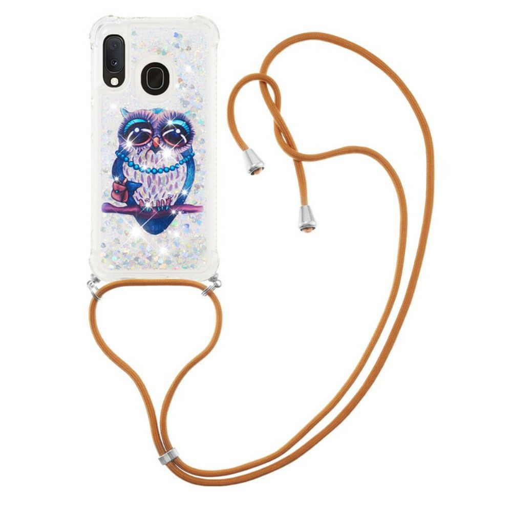 Hoesje voor Samsung Galaxy A20e Met Koord Miss Uil Glitter Trekkoord