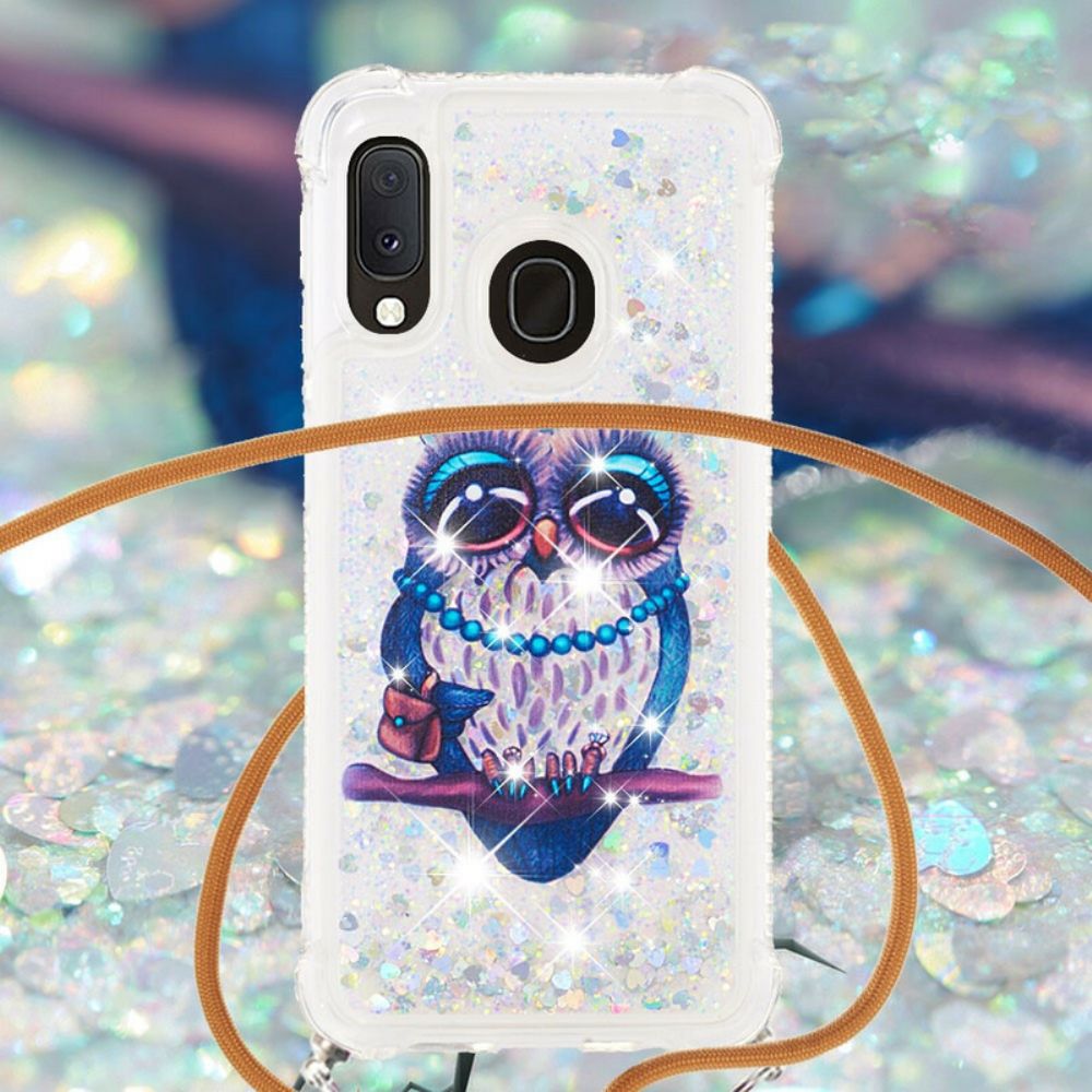 Hoesje voor Samsung Galaxy A20e Met Koord Miss Uil Glitter Trekkoord