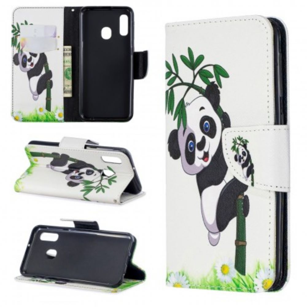 Leren Hoesje voor Samsung Galaxy A20e Panda Op Bamboe