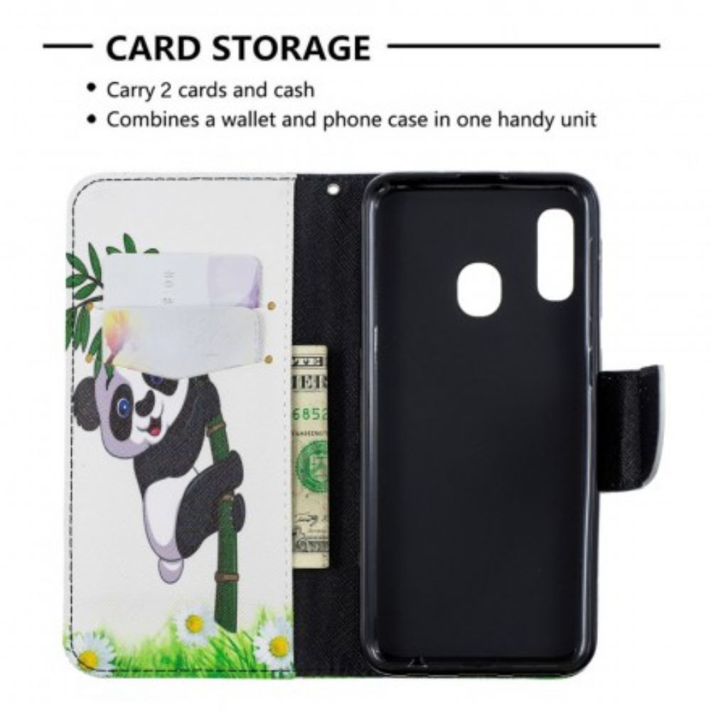 Leren Hoesje voor Samsung Galaxy A20e Panda Op Bamboe