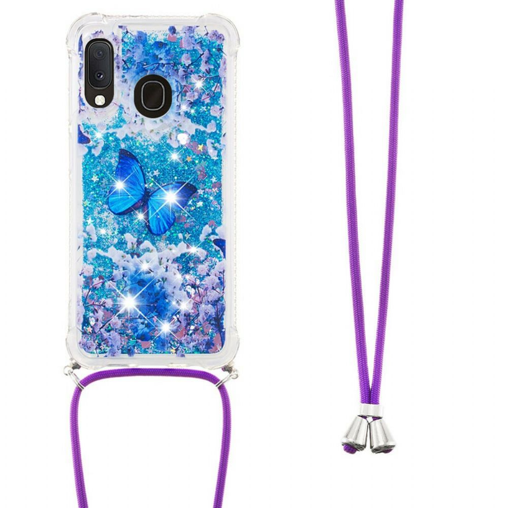 Telefoonhoesje voor Samsung Galaxy A20e Met Koord Vlinder Pailletten Trekkoord