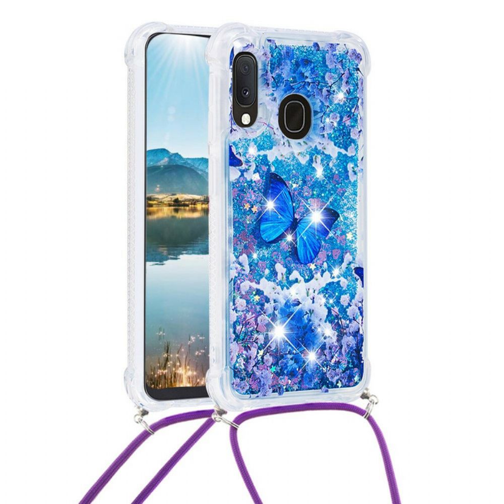 Telefoonhoesje voor Samsung Galaxy A20e Met Koord Vlinder Pailletten Trekkoord