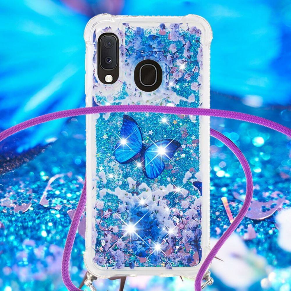 Telefoonhoesje voor Samsung Galaxy A20e Met Koord Vlinder Pailletten Trekkoord