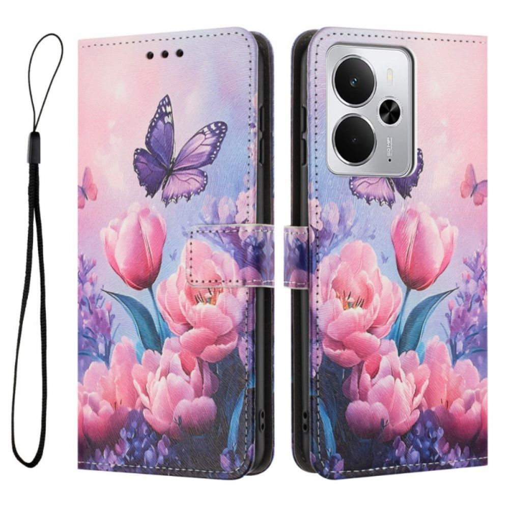 Leren Hoesje Realme 14t 5g Roze Bloemen En Vlinders Bescherming Hoesje
