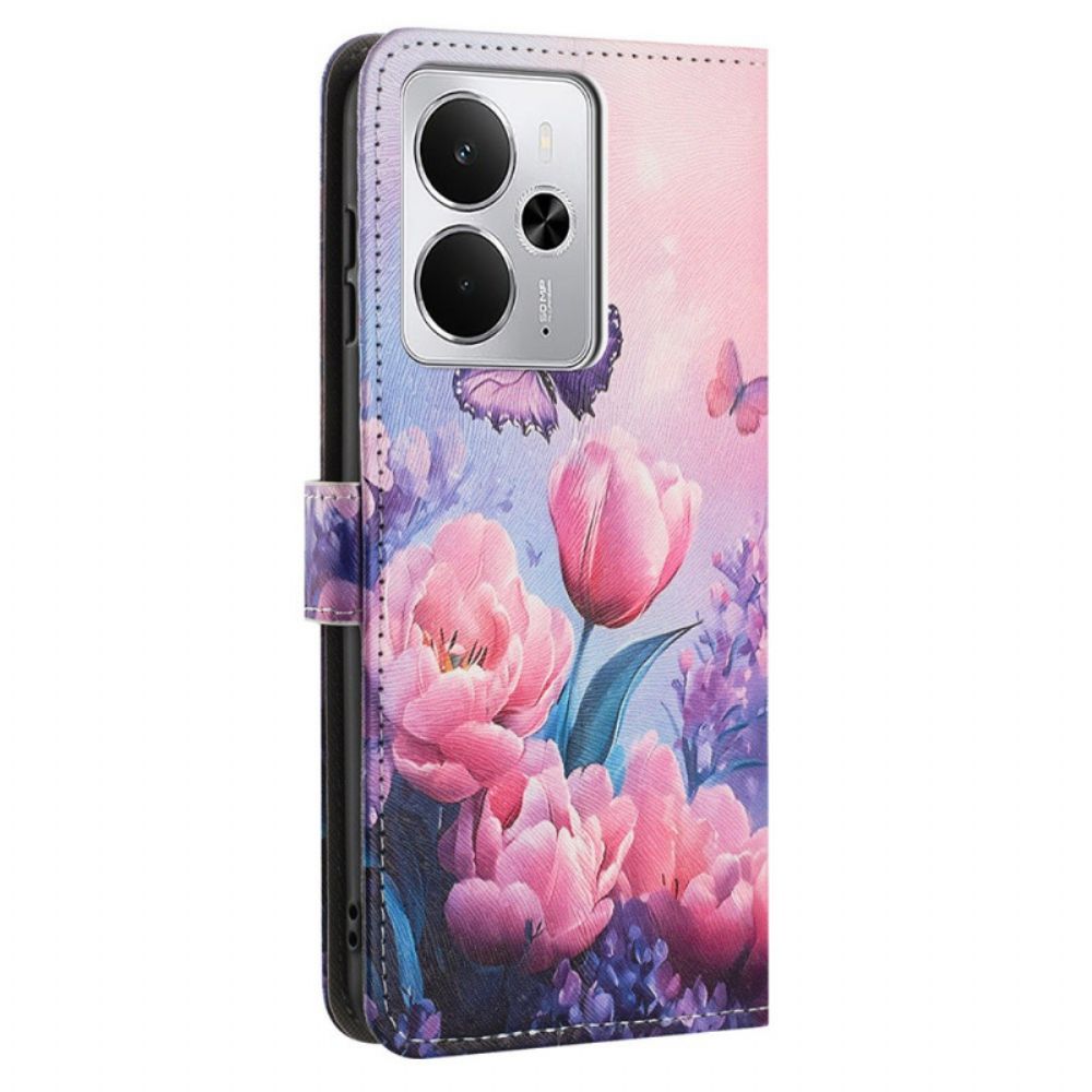 Leren Hoesje Realme 14t 5g Roze Bloemen En Vlinders Bescherming Hoesje