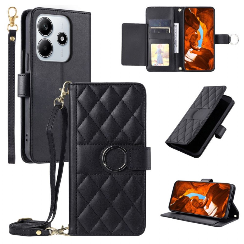 Flip Case Leren Xiaomi Redmi Note 14 5g Gewatteerd Met Bandje En Schouderband