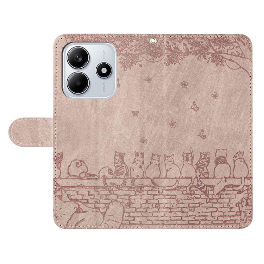Flip Case Leren Xiaomi Redmi Note 14 5g Kattenpatroon Met Bandje