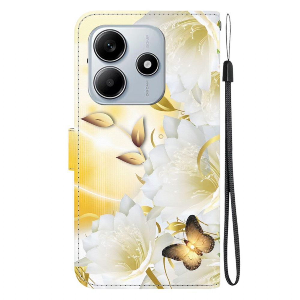 Folio-hoesje Xiaomi Redmi Note 14 5g Telefoonhoesje Gouden Vlinders En Witte Bloemen