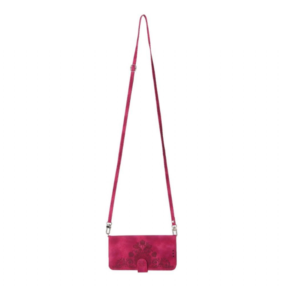 Leren Hoesje Xiaomi Redmi Note 14 5g Portemonnee Met Kantpatroon Riempje En Schouderriem Bescherming Hoesje