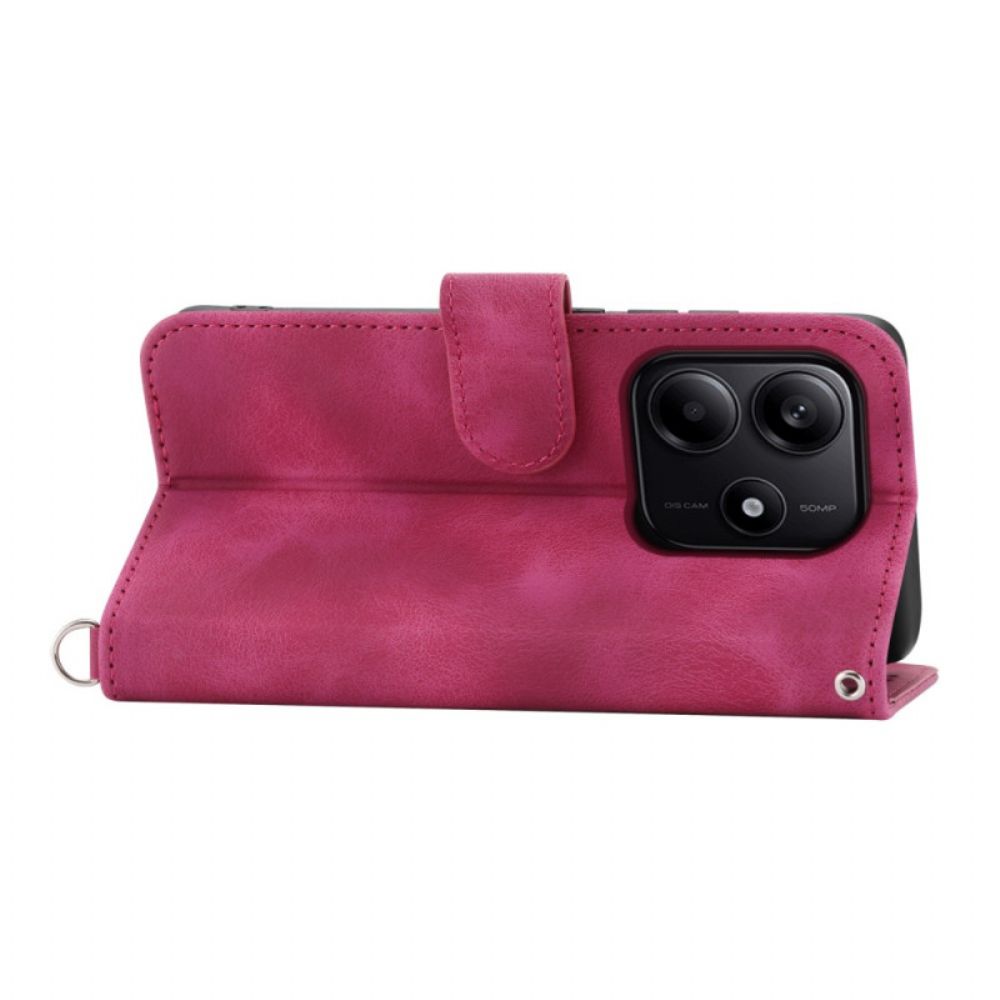 Leren Hoesje Xiaomi Redmi Note 14 5g Portemonnee Met Kantpatroon Riempje En Schouderriem Bescherming Hoesje