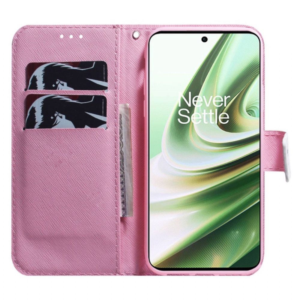 Folio-hoesje voor OnePlus Nord 2T 5G Met Ketting Roze Band Bloem