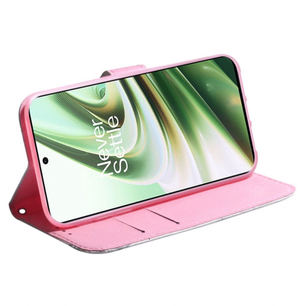 Folio-hoesje voor OnePlus Nord 2T 5G Met Ketting Roze Band Bloem