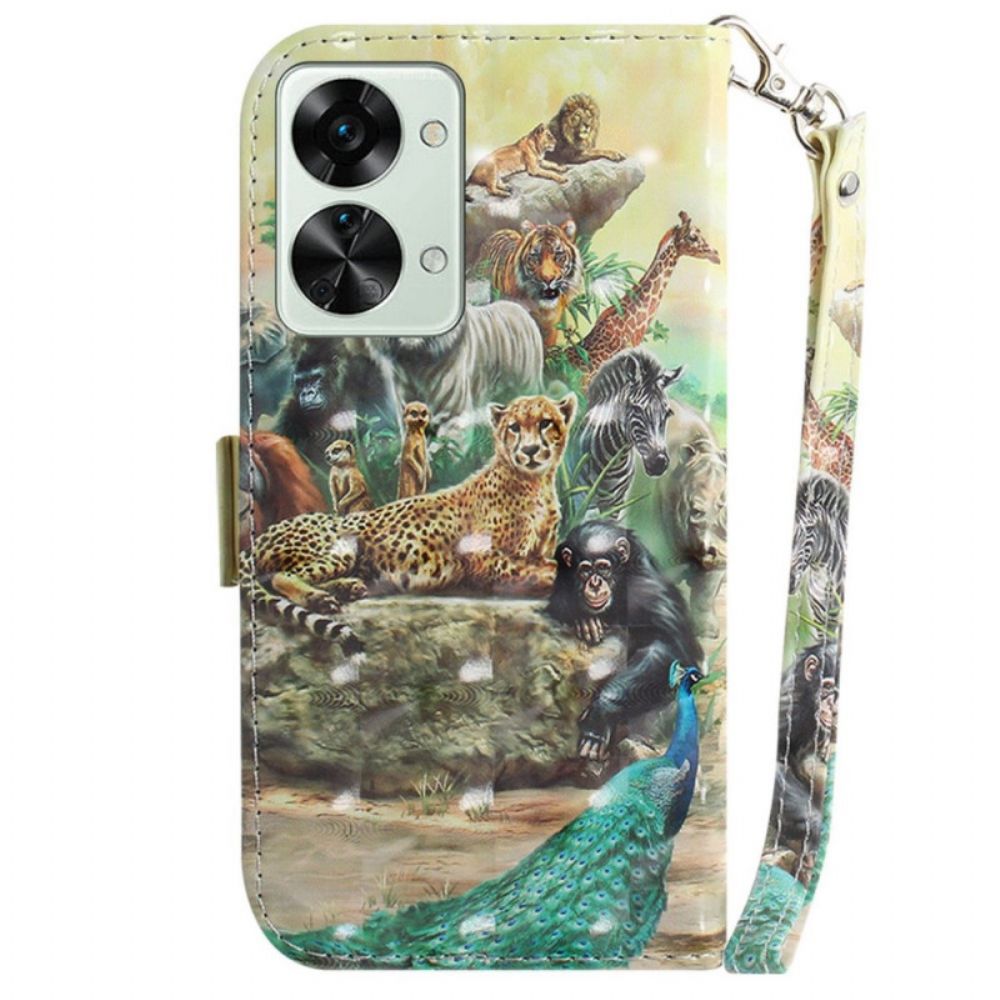Folio-hoesje voor OnePlus Nord 2T 5G Met Ketting Thong Safari Dieren