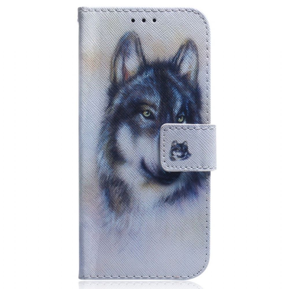 Leren Hoesje voor OnePlus Nord 2T 5G Met Ketting Aquarel Wolf Met Riem