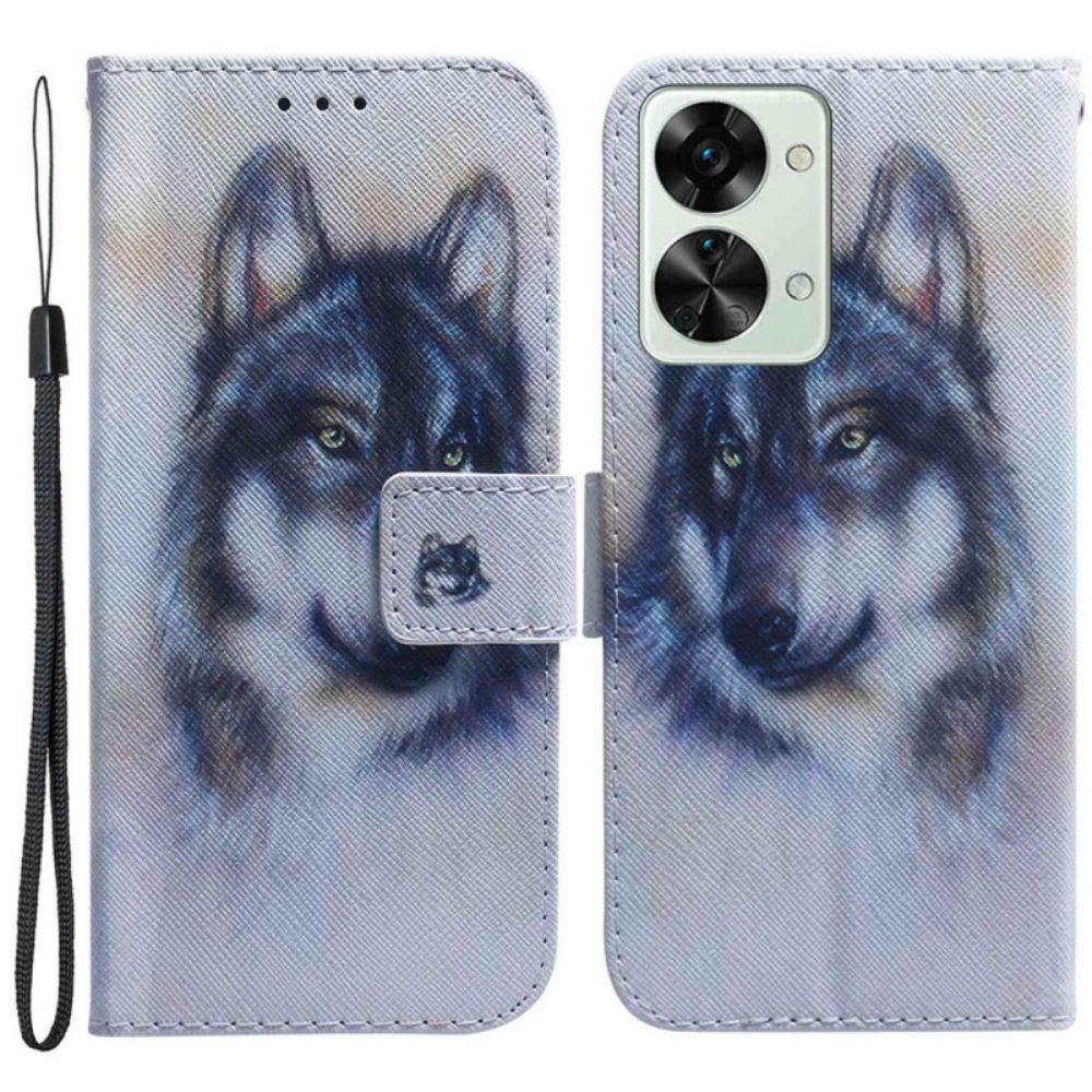 Leren Hoesje voor OnePlus Nord 2T 5G Met Ketting Aquarel Wolf Met Riem