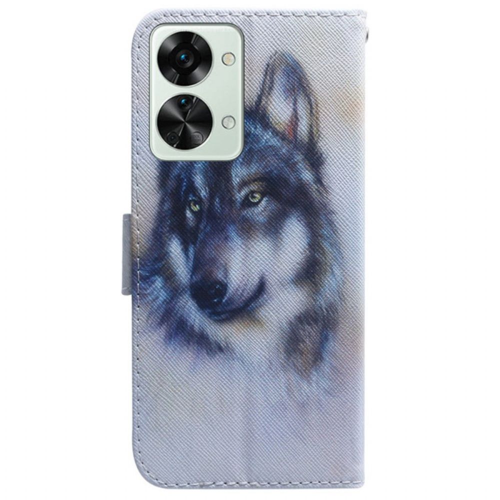 Leren Hoesje voor OnePlus Nord 2T 5G Met Ketting Aquarel Wolf Met Riem
