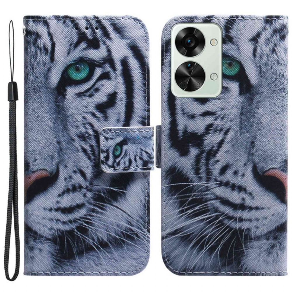Leren Hoesje voor OnePlus Nord 2T 5G Met Ketting Thong Witte Tijger
