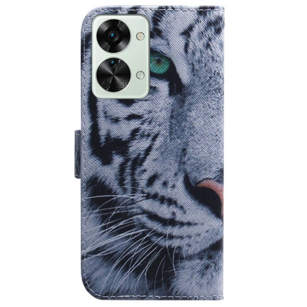 Leren Hoesje voor OnePlus Nord 2T 5G Met Ketting Thong Witte Tijger