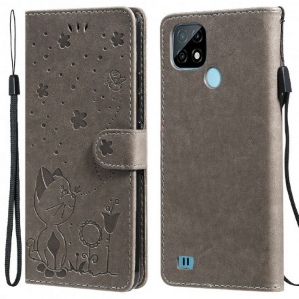 Folio-hoesje voor Realme C21 Met Ketting Kat En Bij Met Riem