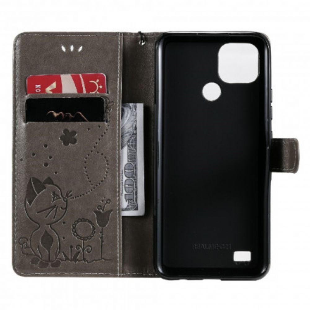 Folio-hoesje voor Realme C21 Met Ketting Kat En Bij Met Riem
