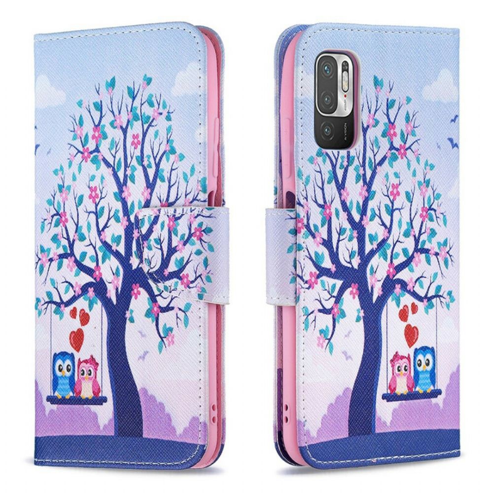 Leren Hoesje voor Xiaomi Redmi Note 10 5G / Poco M3 Pro 5G Uilen Op De Schommel