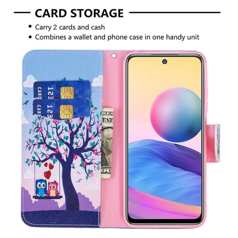 Leren Hoesje voor Xiaomi Redmi Note 10 5G / Poco M3 Pro 5G Uilen Op De Schommel