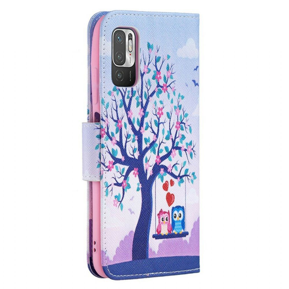 Leren Hoesje voor Xiaomi Redmi Note 10 5G / Poco M3 Pro 5G Uilen Op De Schommel