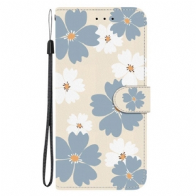 Leren Hoesje Poco C85 Grijze En Witte Bloemen Bescherming Hoesje
