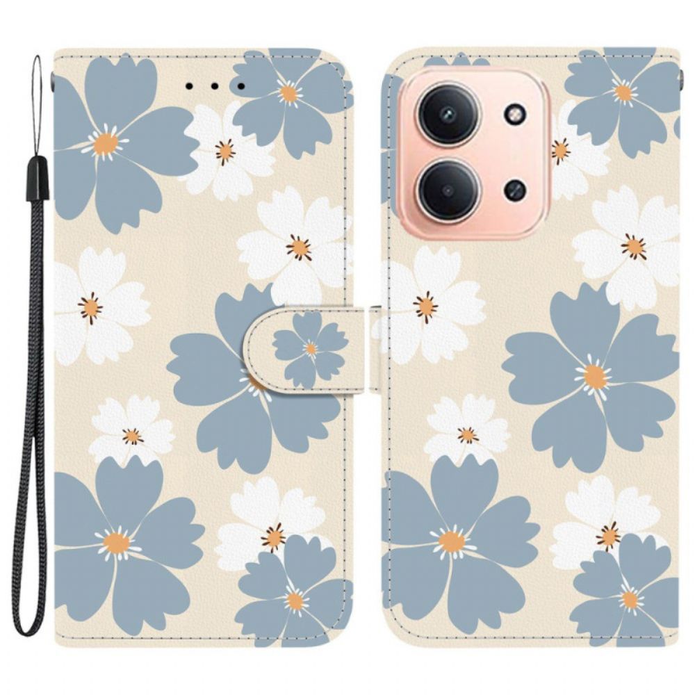 Leren Hoesje Poco C85 Grijze En Witte Bloemen Bescherming Hoesje