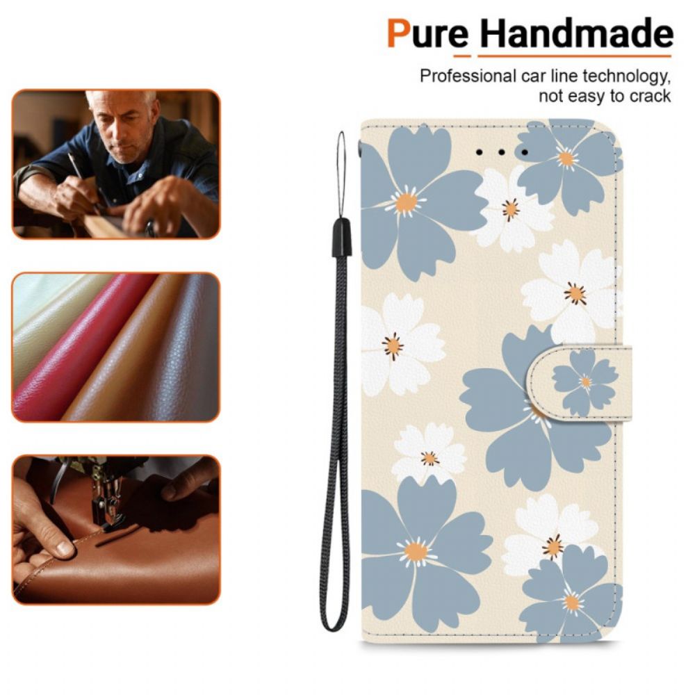 Leren Hoesje Poco C85 Grijze En Witte Bloemen Bescherming Hoesje