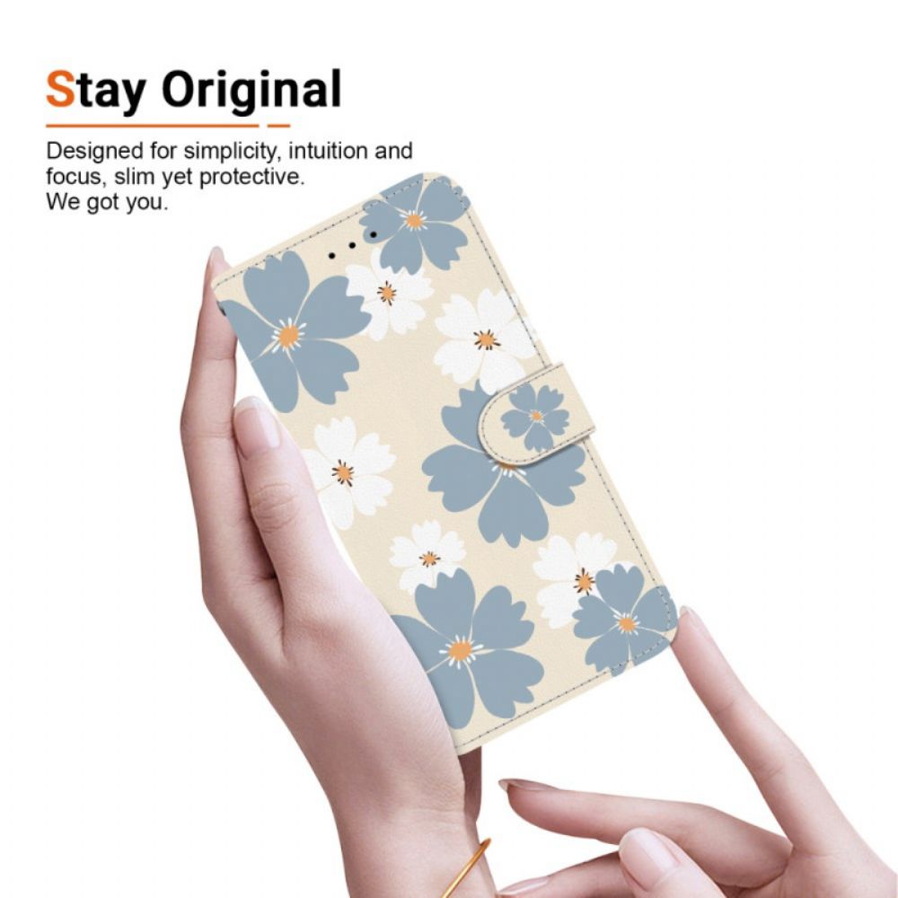Leren Hoesje Poco C85 Grijze En Witte Bloemen Bescherming Hoesje
