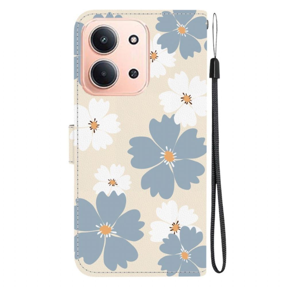 Leren Hoesje Poco C85 Grijze En Witte Bloemen Bescherming Hoesje