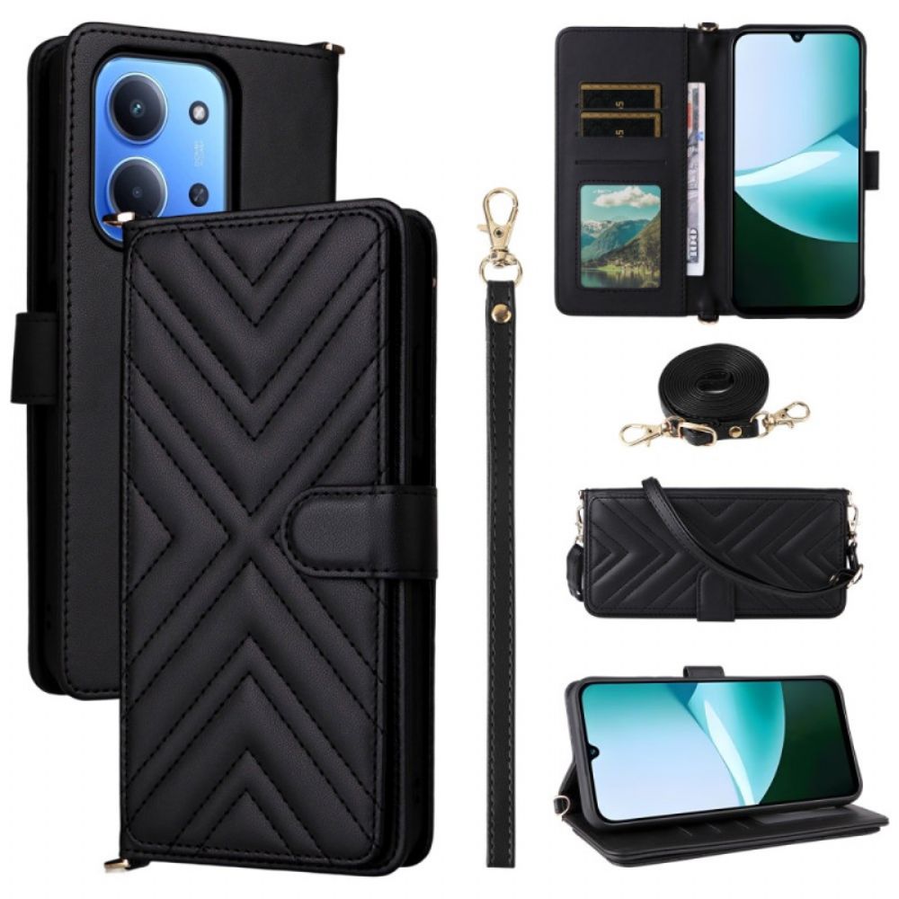 Leren Hoesje Voor Poco C85 Gewatteerd Ontwerp Met Bandje En Schouderband