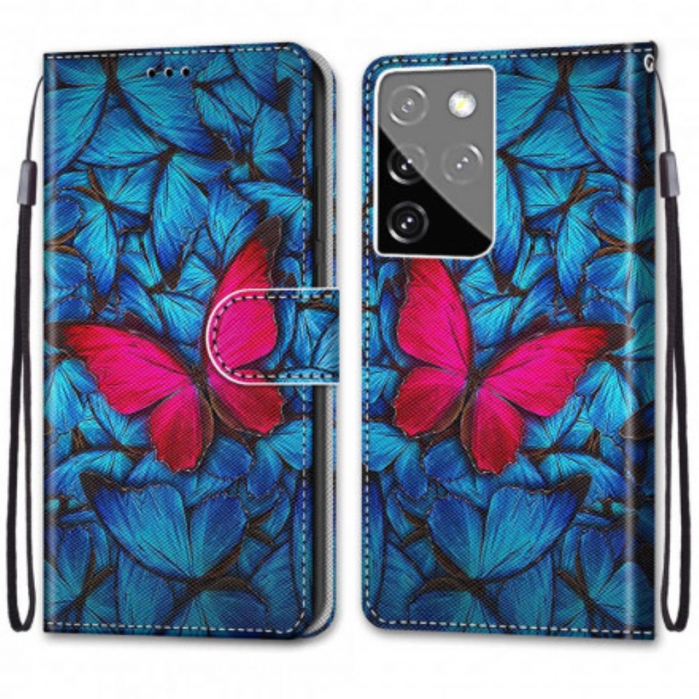 Folio-hoesje voor Samsung Galaxy S21 Ultra 5G Rode Vlinder Op Blauwe Achtergrond