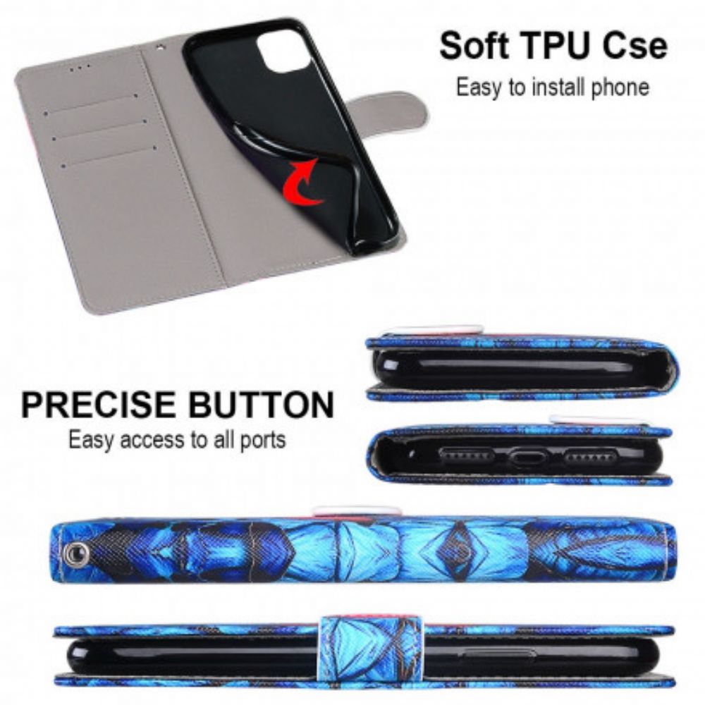 Folio-hoesje voor Samsung Galaxy S21 Ultra 5G Rode Vlinder Op Blauwe Achtergrond