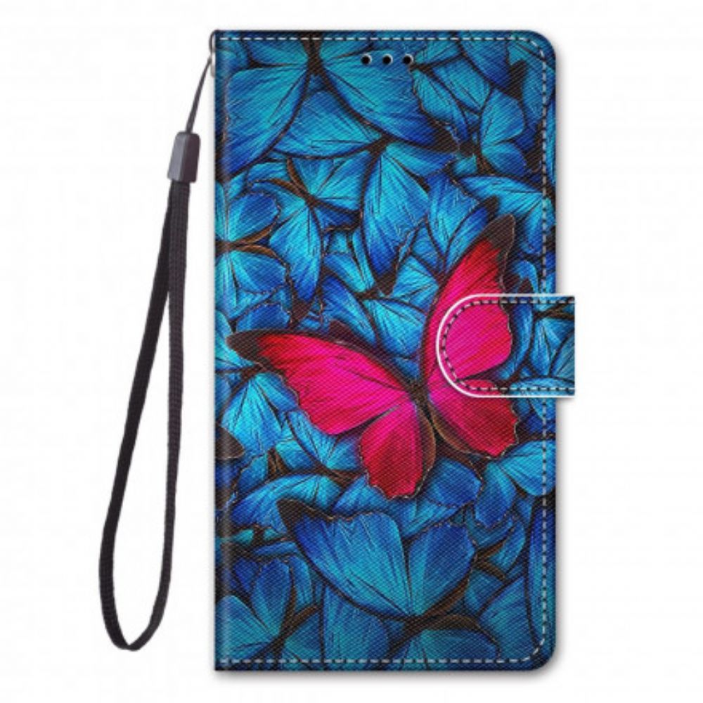 Folio-hoesje voor Samsung Galaxy S21 Ultra 5G Rode Vlinder Op Blauwe Achtergrond