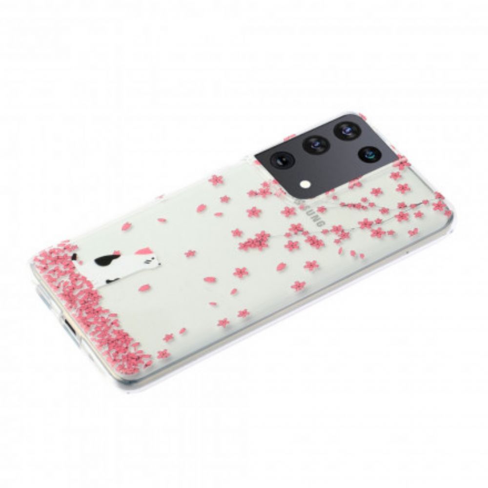 Hoesje voor Samsung Galaxy S21 Ultra 5G Bloemblaadjes En Kat