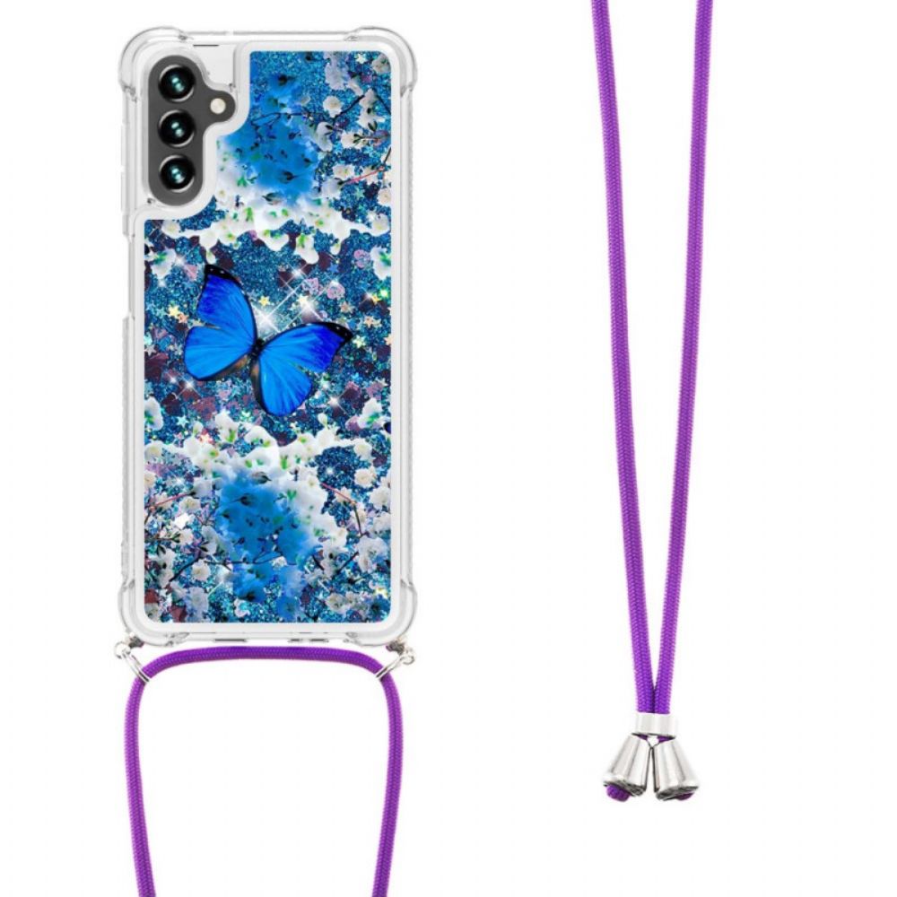 Telefoonhoesje voor Samsung Galaxy A13 5G Met Koord Vlinder Pailletten Trekkoord