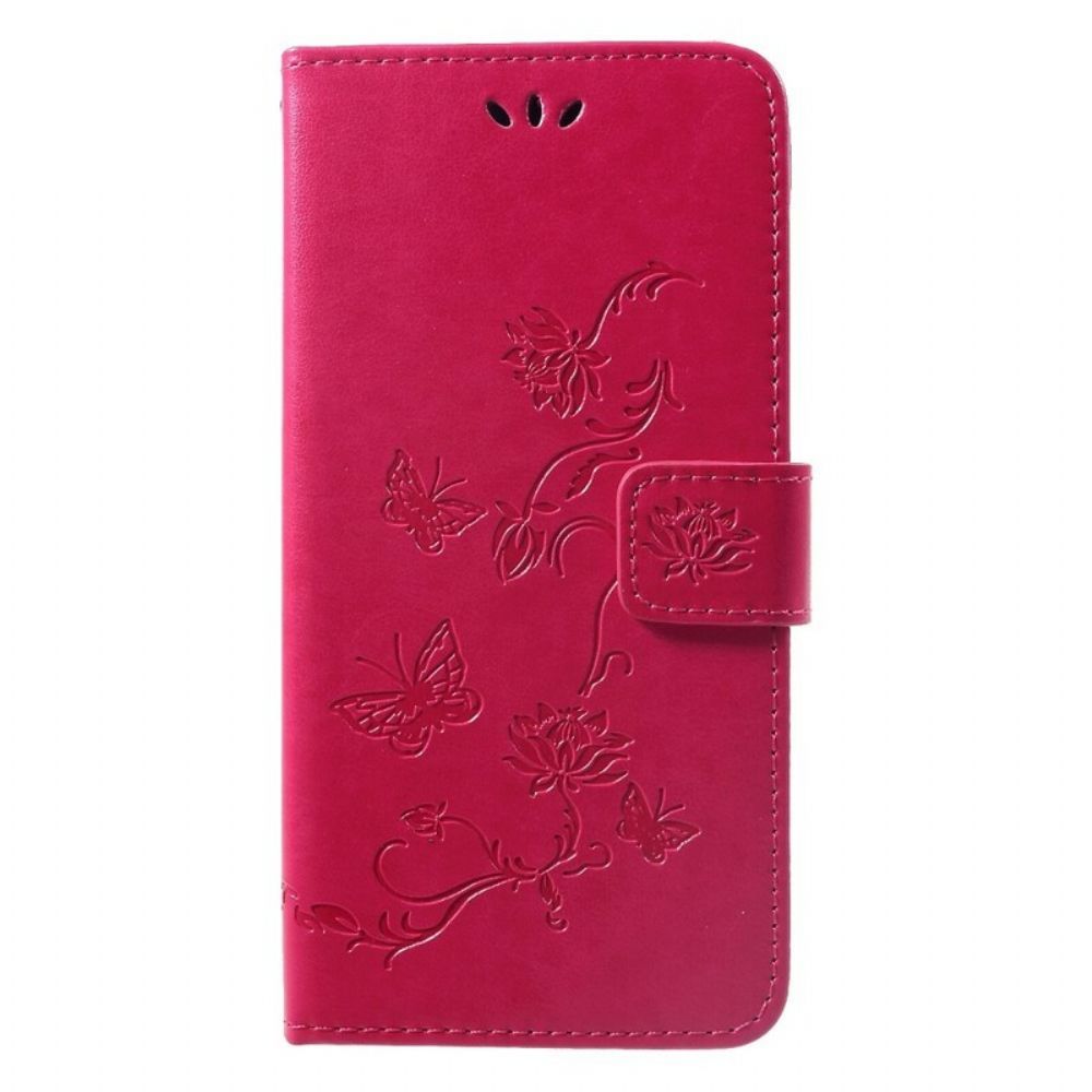 Leren Hoesje voor Huawei P Smart Plus Met Ketting Thong Vlinders En Bloemen