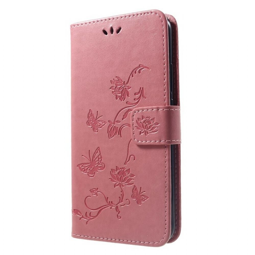 Leren Hoesje voor Huawei P Smart Plus Met Ketting Thong Vlinders En Bloemen