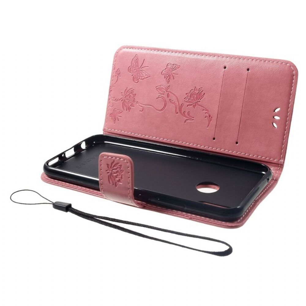 Leren Hoesje voor Huawei P Smart Plus Met Ketting Thong Vlinders En Bloemen
