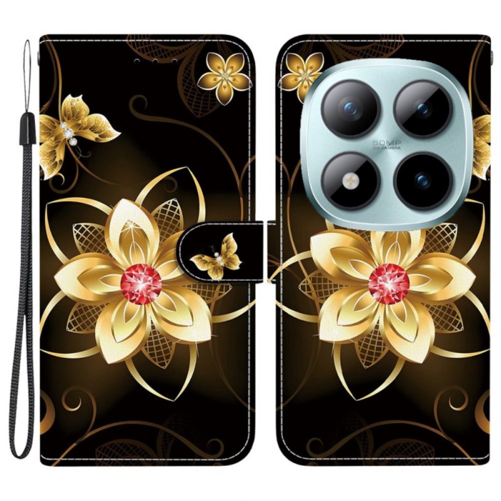 Leren Hoesje Xiaomi Redmi Note 15 Pro 5g Gouden Bloem Bescherming Hoesje