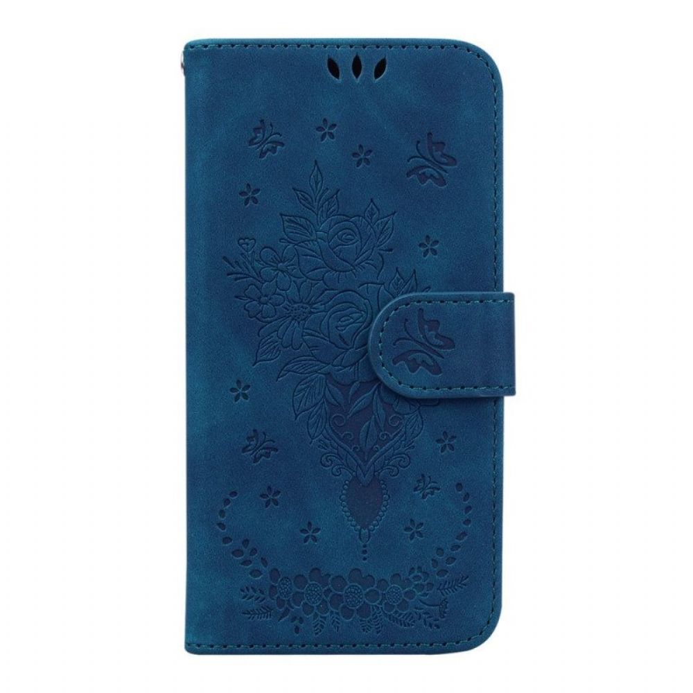 Leren Hoesje voor Samsung Galaxy A14 / A14 5G Met Ketting Strappy Rozen En Vlinders