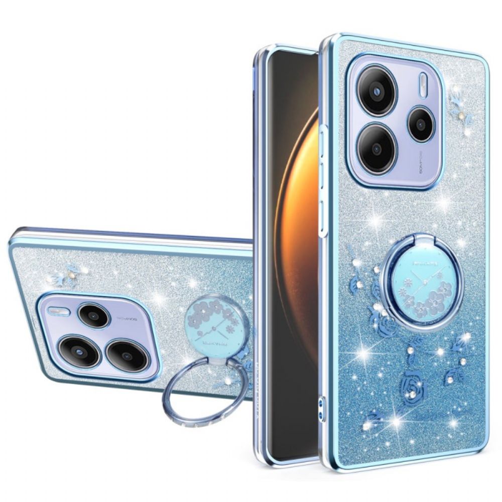 Hoesje Voor Xiaomi Redmi Note 14 4g Ringhouder Met Strass-steentjes En Bloemen