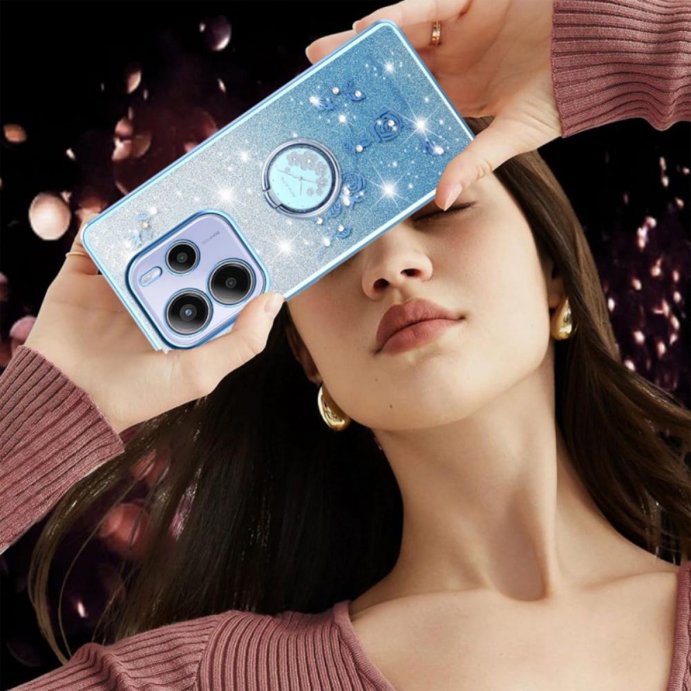 Hoesje Voor Xiaomi Redmi Note 14 4g Ringhouder Met Strass-steentjes En Bloemen