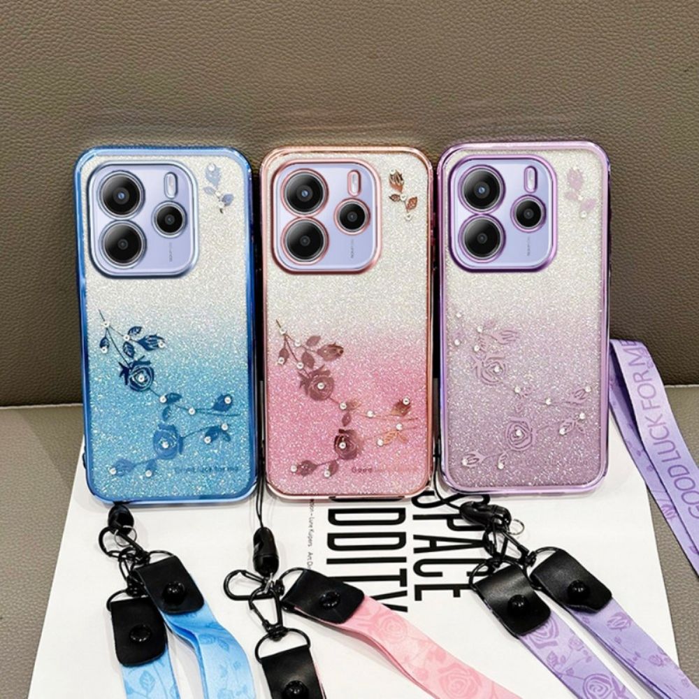 Hoesje Voor Xiaomi Redmi Note 14 4g Strass-steentjes En Bloemen Met Koord